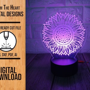 Sunflower Edge Lit Acrylic Night Light SVG Laser Cut File, Glowforge Light File, Night Light SVG, Sunflower Night Light, LED Light