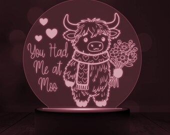 You Had Me At Moo Highland Cow led Acrylic Light Laser Cut svg File, Cute Cow svg, Farm Animal svg, Valentine svg, Romantic Gift svg