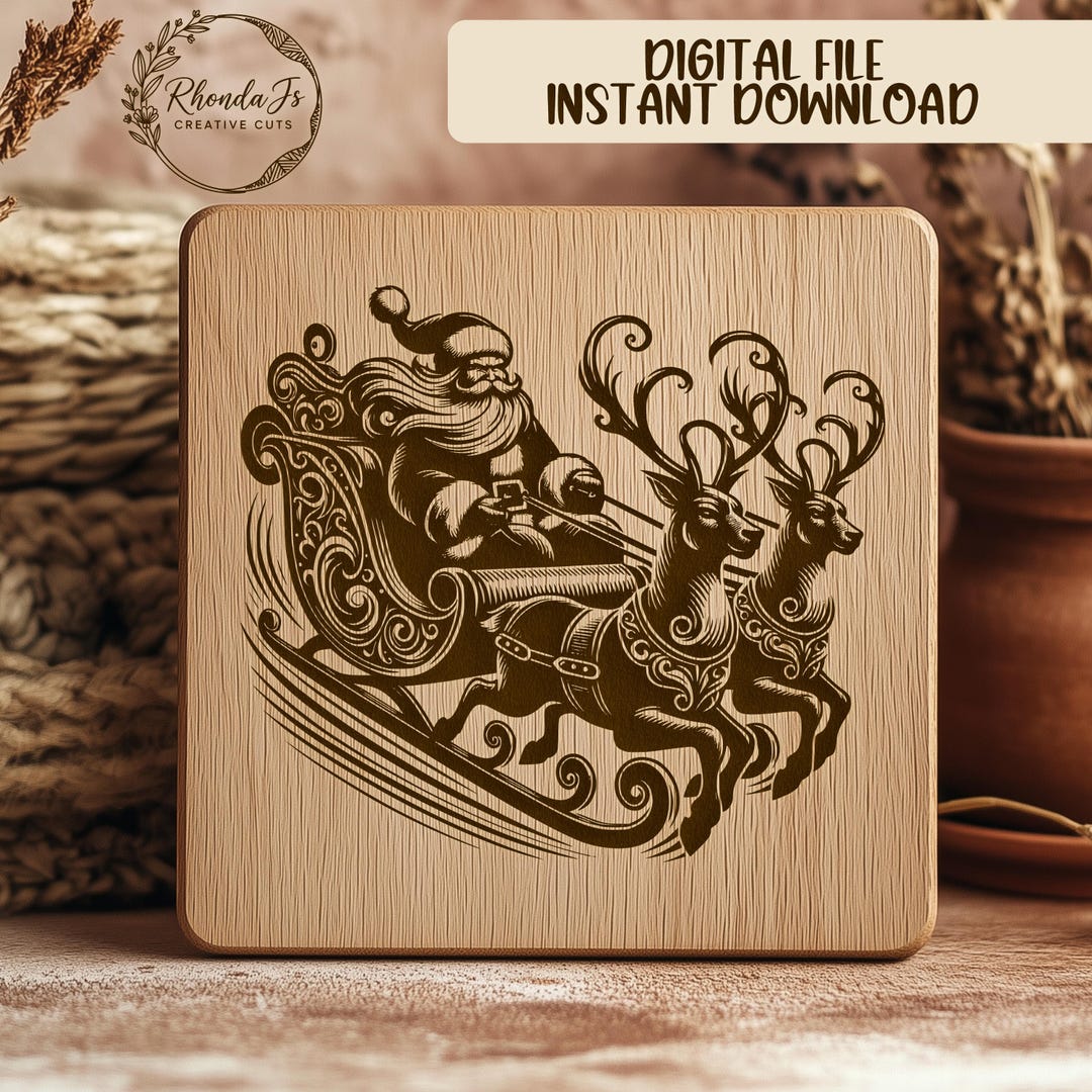 Santa Sleigh SVG File for Laser Engraving, Christmas Reindeer Sleigh ...