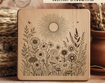 Wildflower Meadow SVG Laser Engraving File, Floral Sunburst Design, Bohemian Vector Art, Rustic Flower Garden, Butterfly Engrave Pattern