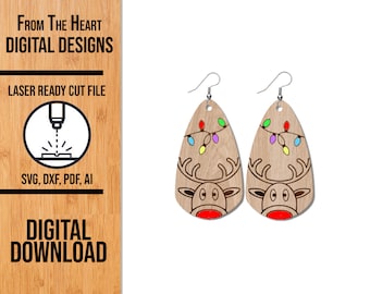 Reindeer Christmas Earrings SVG Cut File, Glowforge Laser SVG, Laser Cut File, Laser Earring File, Glowforge Earrings, Holiday Laser File