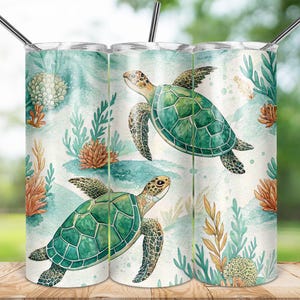 Sea Turtles Ocean Theme Tumbler Wrap, 20oz Skinny Sublimation Tumbler Wrap, Marine Life Cup Wrap, Coastal Turtle Artwork