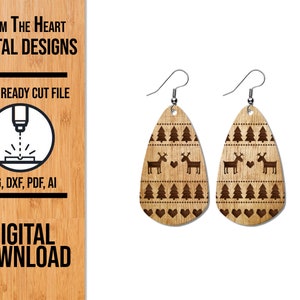 File di taglio laser SVG per orecchini di Natale con renna nordica, orecchini scandinavi Glowforge, file di taglio laser, file di taglio SVG, file di orecchini laser