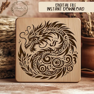 Archivo SVG de dragón para grabado láser, imágenes prediseñadas de dragón tribal, diseño de tatuaje, archivo de corte de arte de dragón, archivo vectorial de dragón, compatible con enrutador CNC