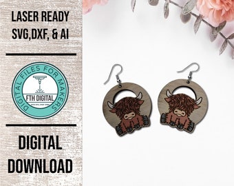 Highland Cow Earring Laser Cut SVG File, Highland Cow Glowforge Earring Cut File, Laser Cut SVG