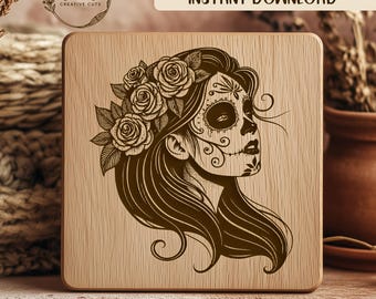 Caveira Mexicana em SVG, Dia dos Mortos, Dia de Muertos, Calavera, Mulher com Flores, Arquivo para Corte a Laser, Arquivo para Gravação, Halloween, Arquivo SVG para