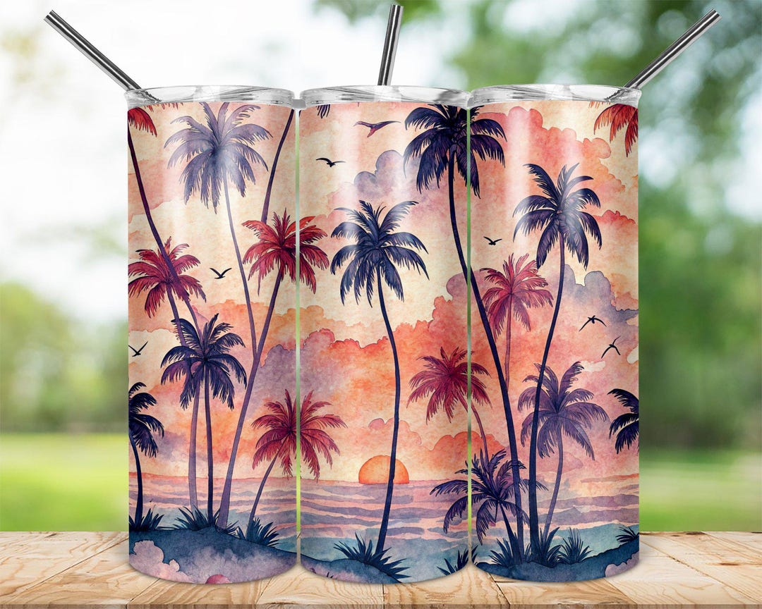Sunset Beach Palm Trees Tumbler Wrap, Tropical Sunset 20oz Sublimation ...