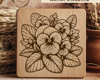 Floral SVG Laser Engraving File, Pansy Flower Bouquet Vector Art, Botanical Engrave Template, Plant Design Cut File, DIY Wood Project