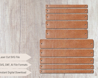 May include: A set of eight brown leather strips with holes punched at each end. The strips are arranged in descending order of length, with the longest strip at the top and the shortest strip at the bottom. The strips are designed for laser cutting and are available in SVG, DXF, and AI file formats. Instant digital download.