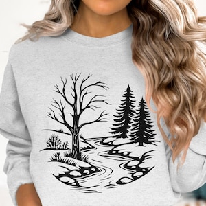Winter Fluss Szene SVG-Datei, Kiefernwald SVG Design, Instant Download Vektor Kunst, Natur inspiriert digitale Datei zum Basteln