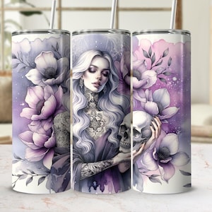 Gothic Floral Skull Tumbler Wrap: Woman & Flowers (Digital Download PNG)