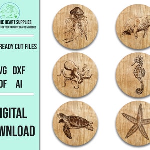 Laser Cut File Sea Life Coasters SVG | Glowforge Digital Cut File | Coastal Decor Coaster SVG Design | Laser Cut Craft Template