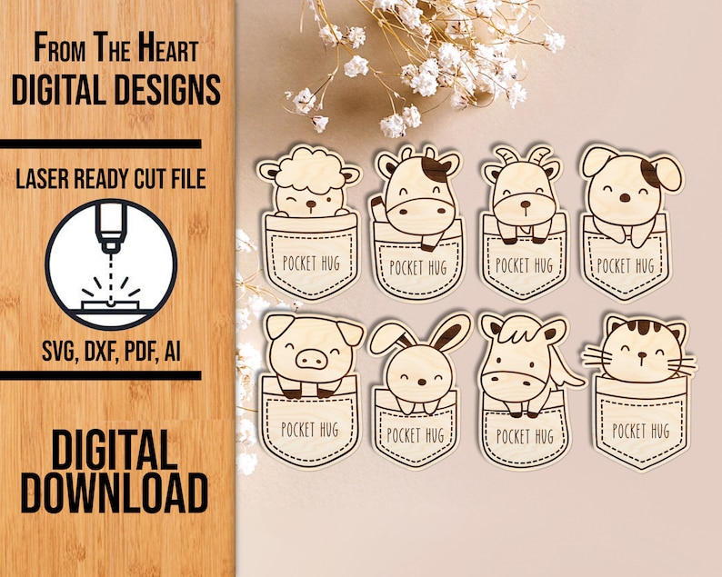 Animal Pocket Hug Token Laser Cut SVG File Animal Pocket Hug Etsy