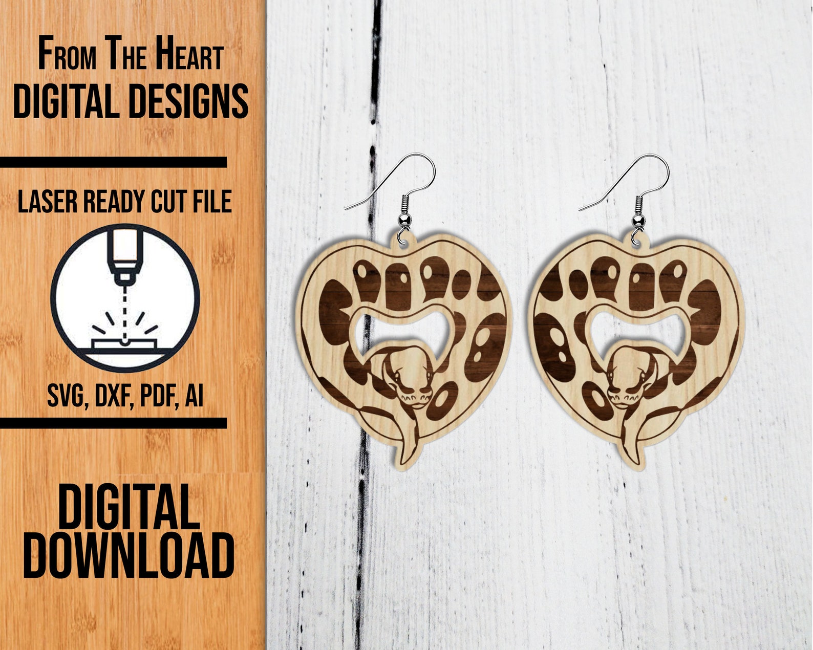 Ball Python Heart Earring SVG File: Laser Cut Snake Design (digital ...