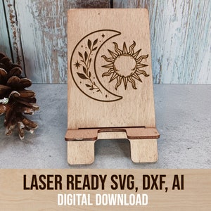 Fichier SVG bohème soleil et lune support de téléphone portable, support de chargeur de téléphone SVG, fichier laser de support de téléphone portable, fichier Glowforge, Lightburn, fichier découpé au laser