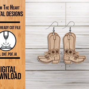 Sunflower Cowboy Boot SVG Laser Cut File, Cowboy Boot Earrings, Wood Laser Cut File, Glowforge File