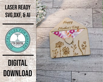 母の日ギフトカードホルダー レーザーカット SVG ファイル、母の日ギフトカードホルダー Glowforge カット ファイル、母の日レーザーカット SVG