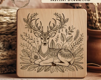 Deer SVG Laser Engraving File, Floral Antler Design, Reindeer Art, Cute Animal, Digital Download, Woodland Decor, Wood Cut File