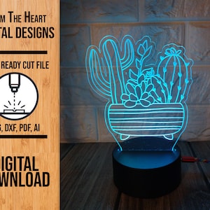 Succulent Edge Lit Acrylic Night Light SVG Laser Cut File, Glowforge Light File, Night Light SVG, Succulent Night Light, LED Light