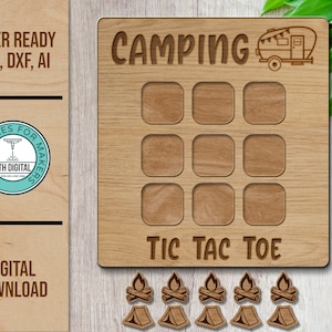 Archivo cortado con láser SVG de tres en raya para acampar, SVG de Glowforge, juego de tres en raya para acampar, SVG láser, archivo láser de juego para niños, tres en raya para acampar