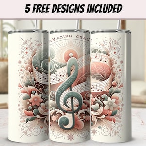 Amazing Grace Music Notes 20oz Skinny Tumbler Wrap Seamless Sublimation PNG, Floral Design Music Lover Gift