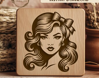 Vintage Woman SVG Laser Engraving File, Retro Lady Vector Cut File, Hair Bow Design, Instant Download, Laser Cut Files, Cricut Files