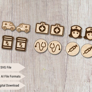 Nurse Stud Earring Laser Cut SVG Bundle, Perfect for Laser Jewelry Makers, Ambulance, Nurse, Pill Bottle, Stethoscope, Medical Bag, Syringe