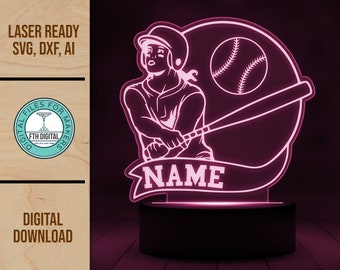 Custom Baseball Girl Edge Lit Night Light SVG Laser File (Digital Download)