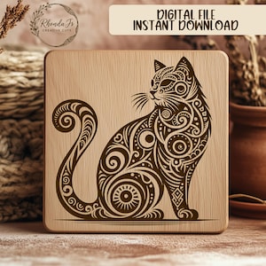 Cat SVG, Laser Engraving File, Tribal Cat Design, Cat Silhouette, Cat Vector, Cat Art, Digital Download, Laser Cut File, Cat Clipart