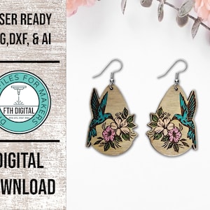 Hummingbird Earring Laser Cut SVG File, Hummingbird Glowforge Earring Cut File, Laser Cut SVG