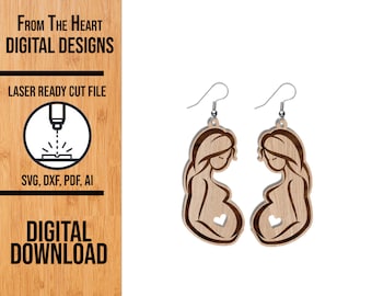 May include: Wooden earrings featuring a pregnant woman silhouette with a heart cutout. The earrings are light brown with darker brown hair and are hanging from silver hooks. The image also includes text: "FROM THE HEART DIGITAL DESIGNS" and "DIGITAL DOWNLOAD."