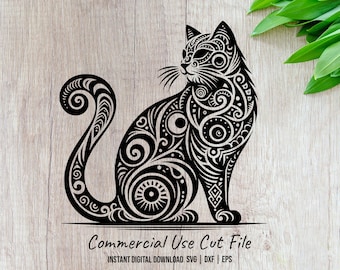 Majestic Cat with Tribal Patterns Laser SVG Design Element