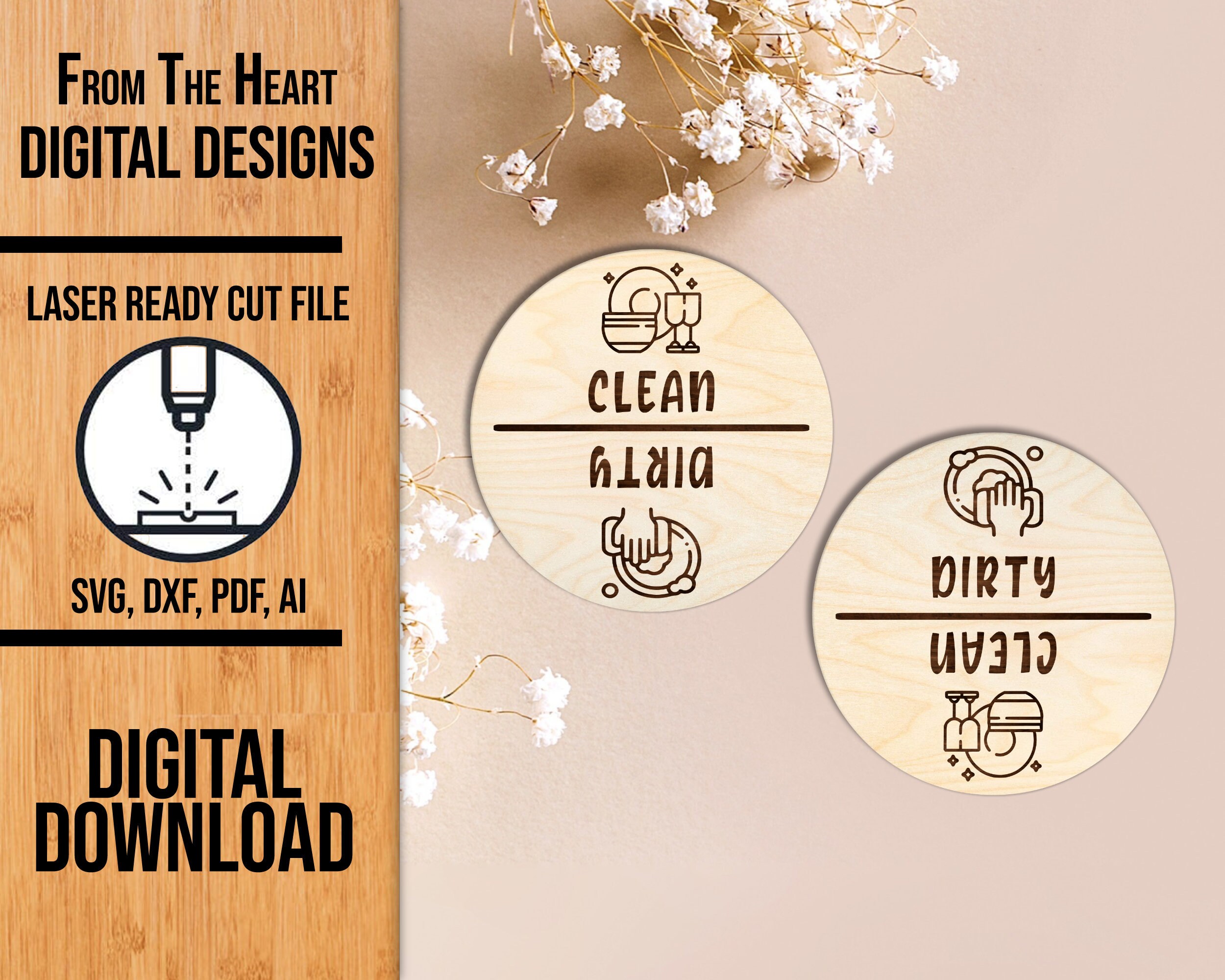 Clean Dirty Dishwasher Magnet SVG Laser Cut File (Digital Download)