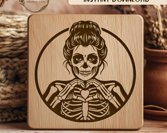 Arquivo SVG de caveira mexicana feminina para corte a laser, com mãos em forma de coração, Dia dos Mortos, Calavera, Halloween e esqueleto.