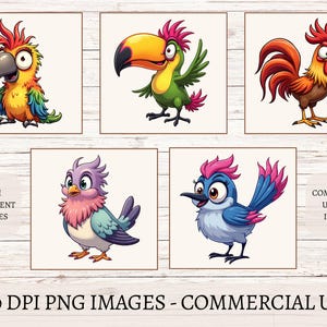 Paquete de imágenes prediseñadas de pájaros de dibujos animados, diseños de pájaros adorables, descarga digital, uso comercial, archivos PNG, tucán, flamenco, búho, pato