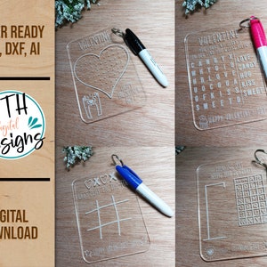 Valentine&#39;s Day Dry Erase Activity Card SVG Laser Cut File, Word Search SVG, Valentine School Gift SVG, Hangman Game, Tic Tac Toe laser file
