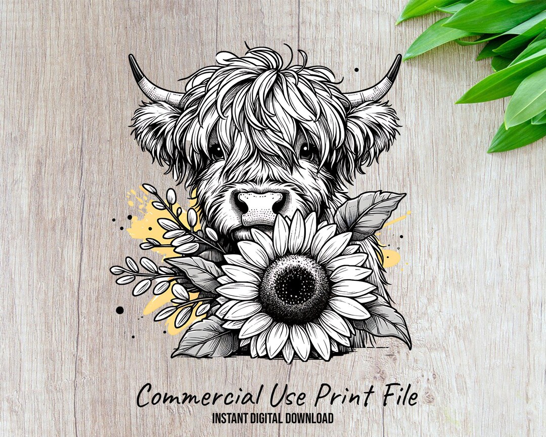 Highland Cow Sunflower Sublimation Design 300 DPI Png Cute Farm Animal ...