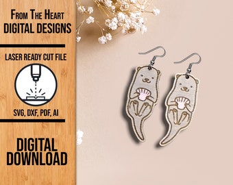 Otter with Seashell Earring Laser Cut SVG File, Otter with Seashell Glowforge Earring Cut File, Laser Cut SVG