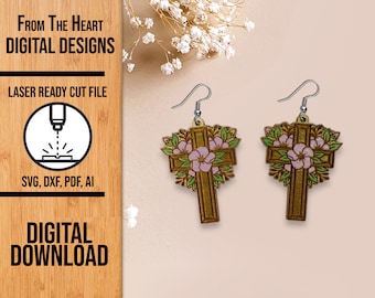 Floral Cross Earring SVG File: Laser Cut Glowforge Design (Digital Download)