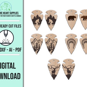 May include: A collection of wooden arrowhead-shaped cutouts with various nature-themed designs. The designs include bears, mountains, a Sasquatch, a Native American headdress, and deer. The text "FROM THE HEART SUPPLIES" and "DIGITAL DOWNLOAD" are also visible.