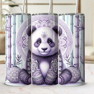 Adorable Panda 20oz Skinny Tumbler Sublimation Wrap PNG, Intricate Floral Decor Tumbler Wrap, Cute Animal Printable Gift Idea