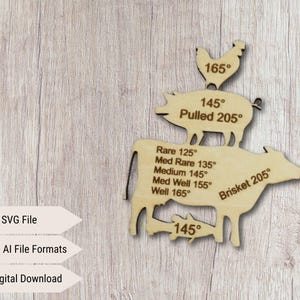 May include: Laser cut wooden template for cooking meat. The template features a chicken, a pig, and a cow with internal temperature guides for different levels of doneness. The text includes "Pulled 205°", "Brisket 205°", "Rare 125°", "Med Rare 135°", "Medium 145°", "Med Well 155°", "Well 165°".