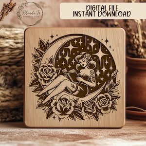 Pinup Girl Reading SVG Laser Engraving File, Moon Stars Roses Art, Tattoo Flash Printable, Laser Cut File, CNC Router Vector Design