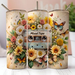 Envoltório de copo floral retrô cassete, design de copo fino com fita mista de flores, envoltório de sublimação de borboleta para copos de 20 onças