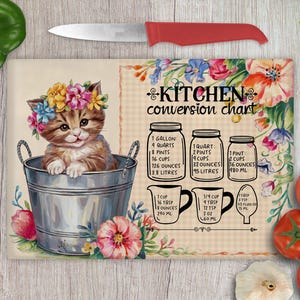 Cute Kitchen Conversion Chart Glass Cutting Board Sublimation Design PNG, Floral Cat Design for Kitchen Decor, Printable Art