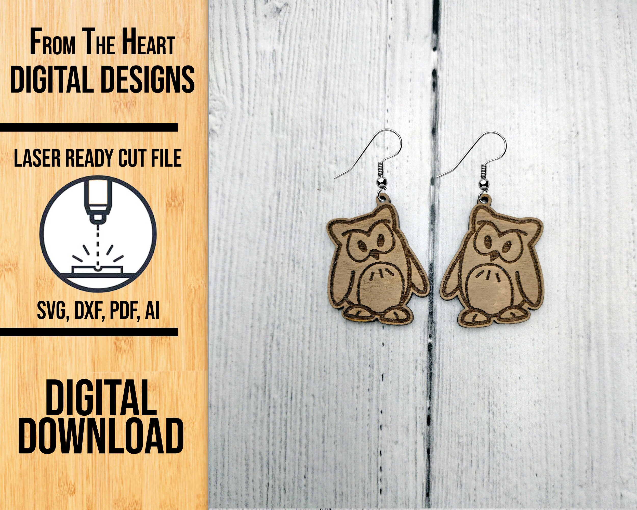Cute Owl Earring Laser Cut SVG File, Cute Owl Glowforge Earring Cut File, Laser Cut SVG, Laser Cut F