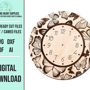 Archivo de corte láser SVG de esfera de reloj de mariposa / Archivo de corte SVG de esfera de reloj / Archivo de corte Glowforge / Archivo de corte SVG de reloj de pared / SVG digital / Archivo de corte láser