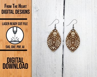 Skeleton Reverse Engrave Earring Laser Cut SVG File, Skeleton Reverse Engrave Glowforge Earring Cut File, Laser Cut SVG