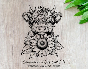 Highland Cow Holding Sunflower Laser SVG Design Element