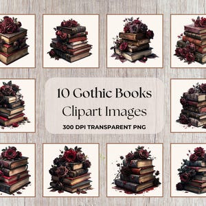 Gothic Books and Roses Clipart Bundle, 10 PNG Images, Dark Academia Aesthetic for Crafters & Scrapbookers